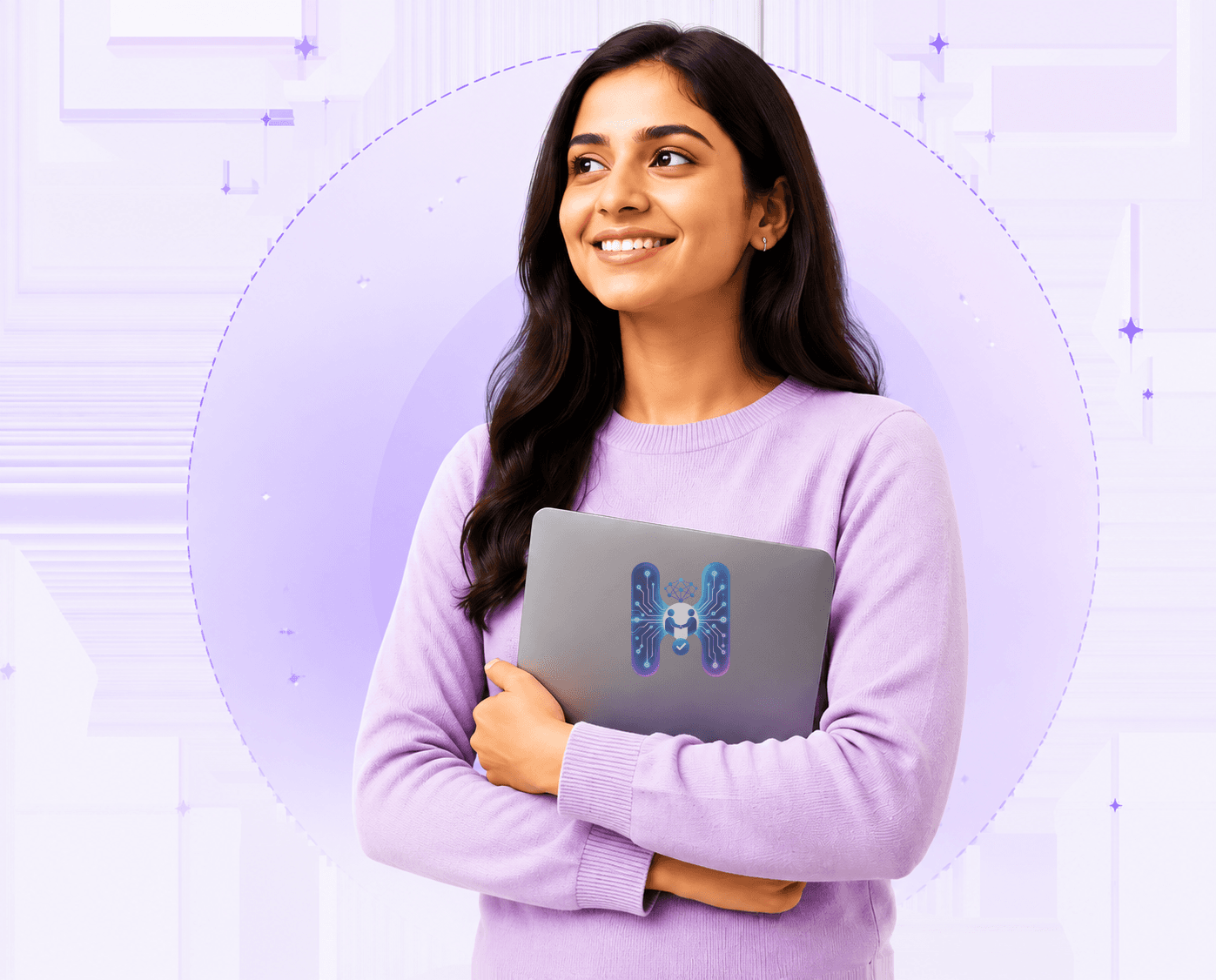 A candidate holding a laptop, looking ahead